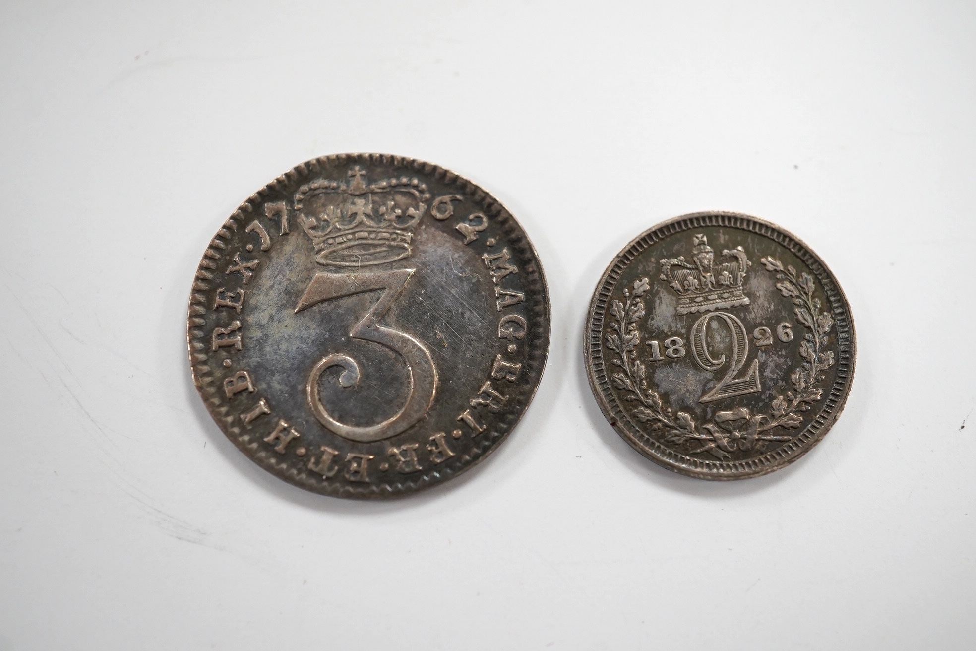 British silver coins, George III, silver threepence 1762, VF, S.3753, & George IV maundy twopence 1826, VF (2)